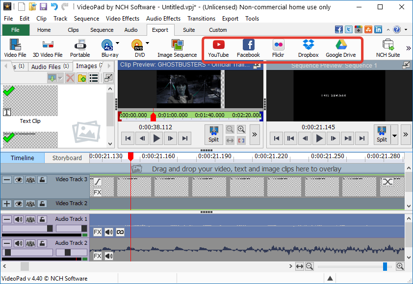 Публикация в популярных социальных и облачных сервисах в VideoPad Video Editor