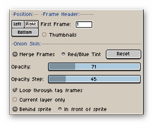 Настройки анимации Aseprite