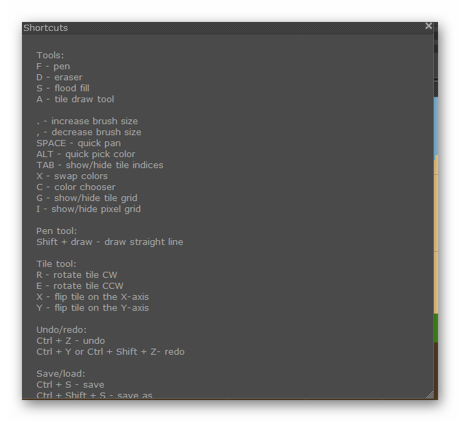 Горячие клавиши PyxelEdit