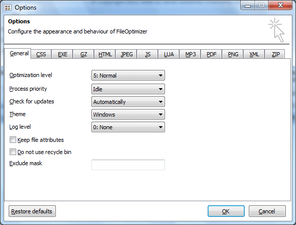 Настройки в программе FileOptimizer