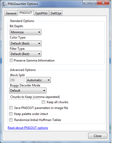 Настройки программы PNGGauntlet