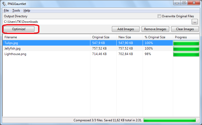 Сжатие фотографий в программе PNGGauntlet