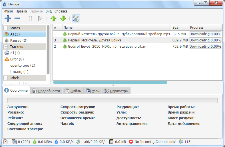 Закачка файлов в программе Deluge