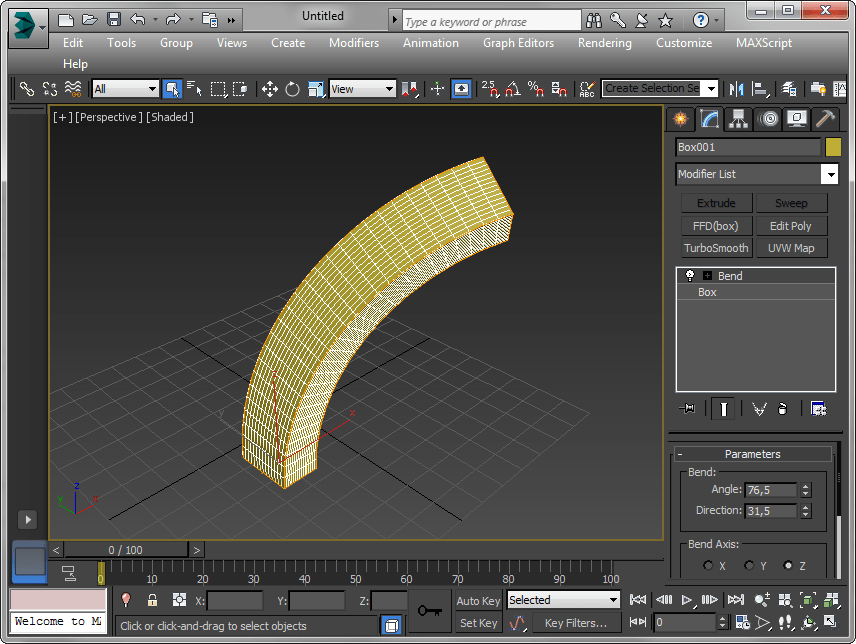 Примененный модификатор Bend в Autodesk 3ds Max