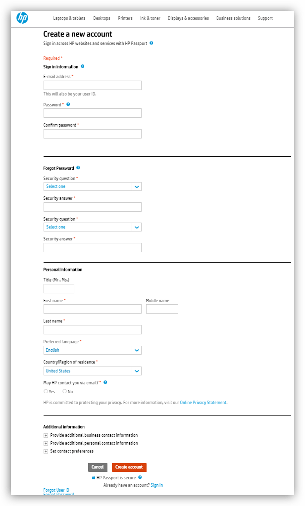 Создание аккаунта для загрузки программы HP Web Jetadmin