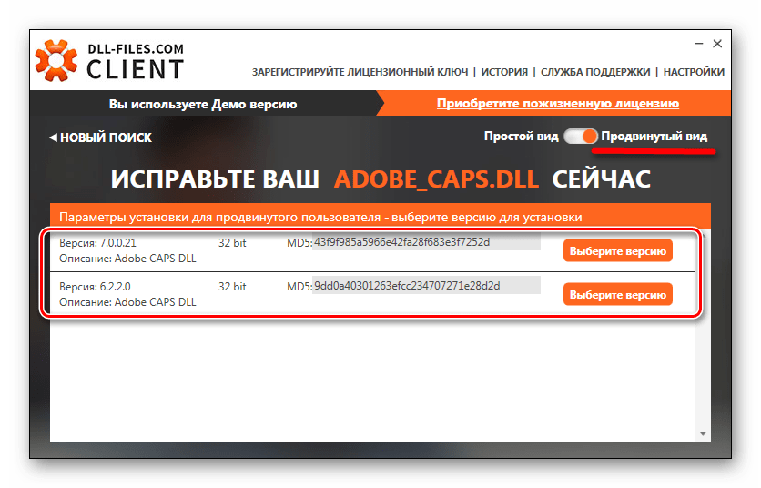 Продвинутый вид в программе DLL-files.com Client