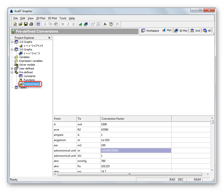 Инструмент для перевода одних величин в другие в AceIT Grapher