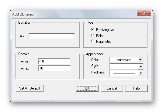Окно свойств для построения двухмерных графиков математических функций в AceIT Grapher