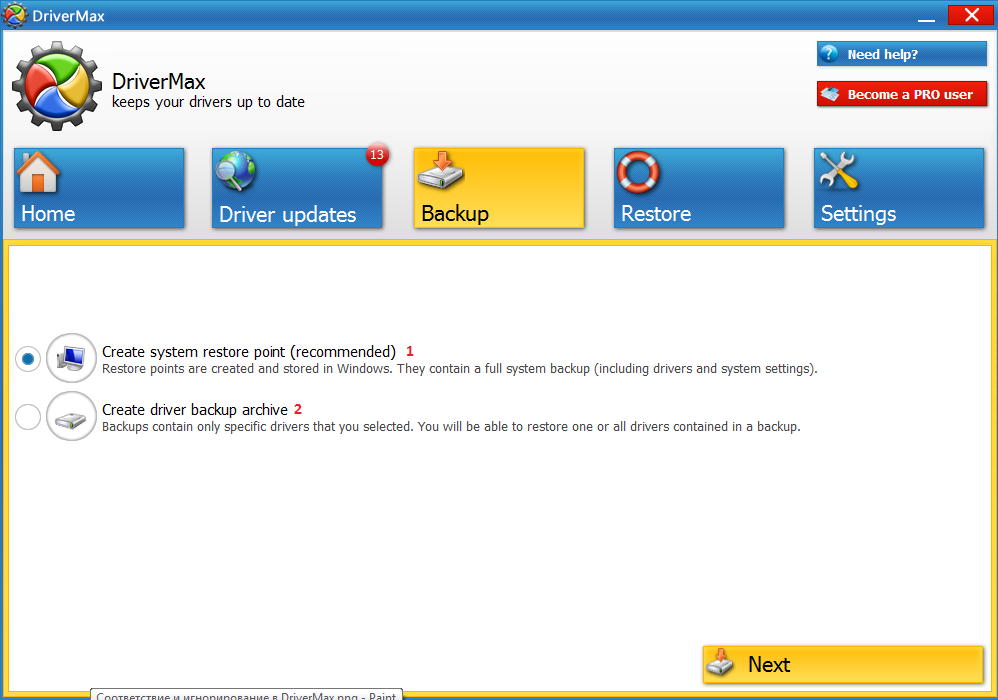 Точка восстановления и бэкап в DriverMax