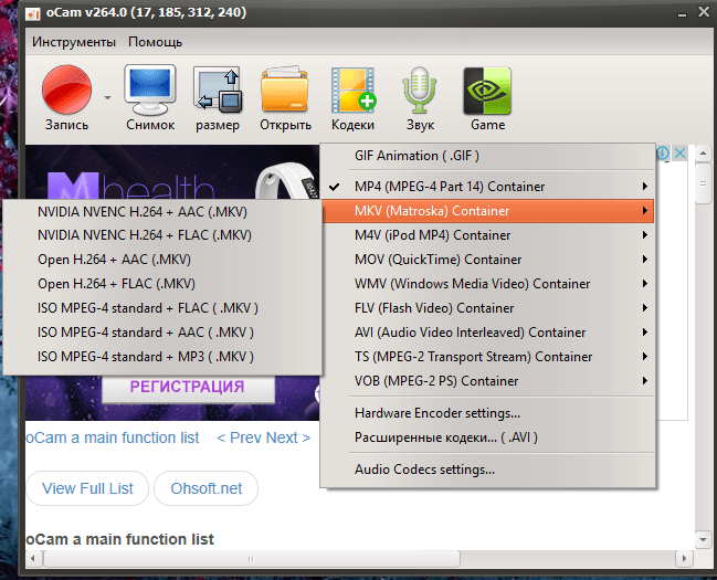 Смена кодеков в oCam Screen Recorder