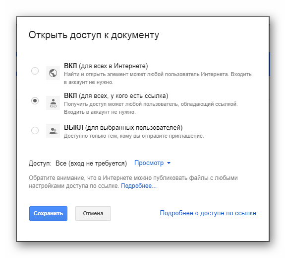 Возможность отключения общего доступа к файлам на сайте облачного хранилища Google Диск