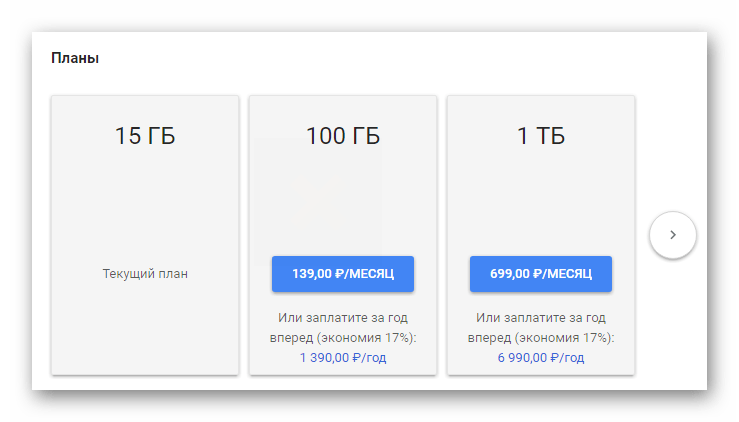 Возможность подключения тарифных планов на сайте облачного хранилища Google Диск