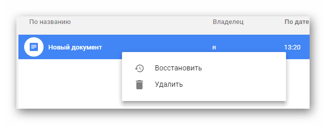 Возможность удаления и восстановления файла на сайте облачного хранилища Google Диск