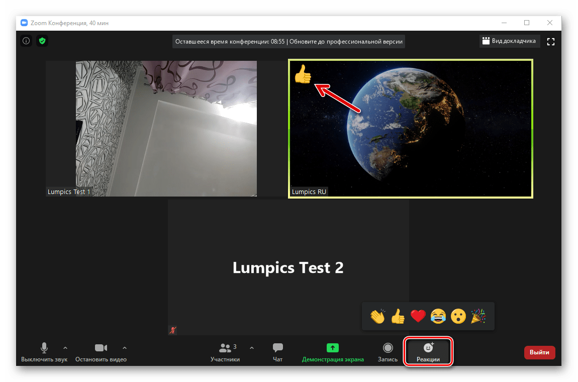 Zoom для Windows модуль Реакции в программе во время конференции