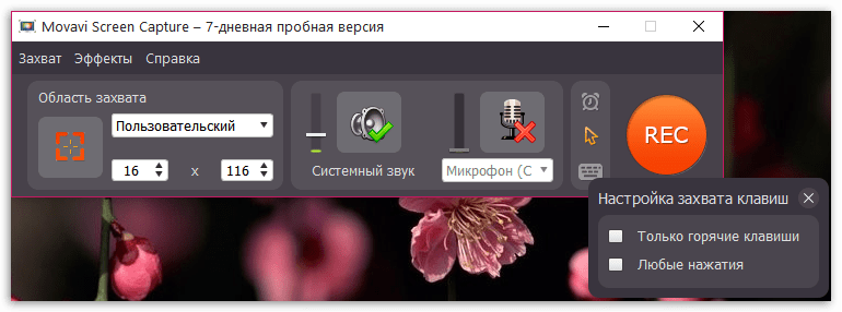 Отображение нажатий клавиш в Movavi Screen Capture