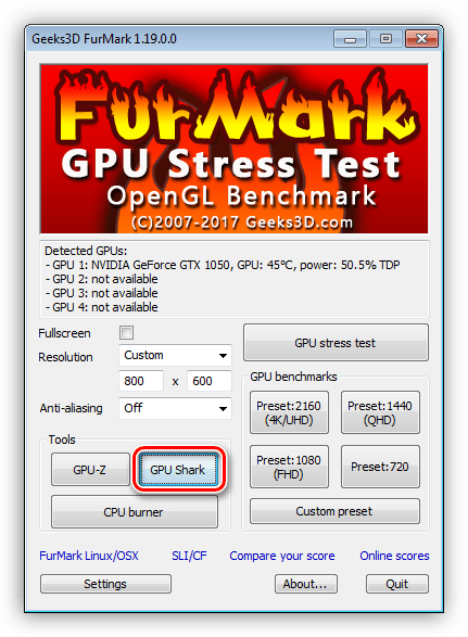 Запуск функции GPU Shark в программе FurMark