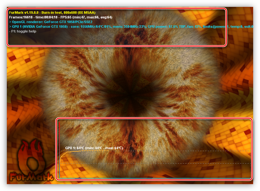 Экран стрессового тестирования видеокарты в программе FurMark