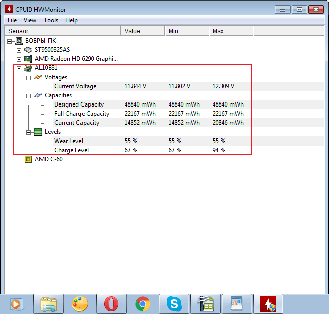 Параметры батареи в программе HWMonitor