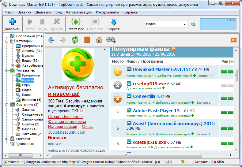 Католог TopDownloads в программе Download Master