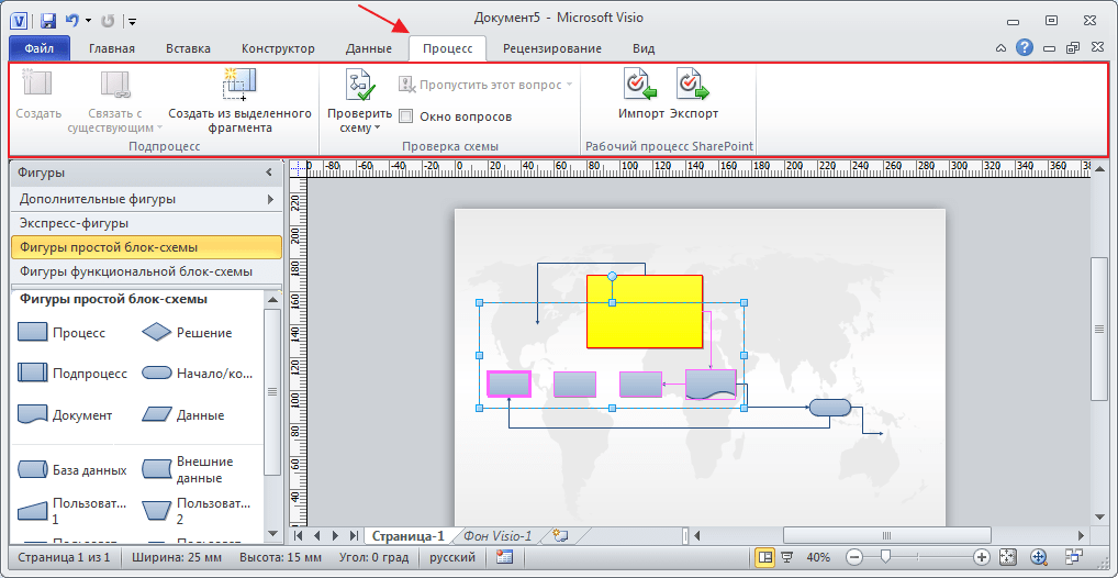 Вкладка процесс в программе Microsoft Visio