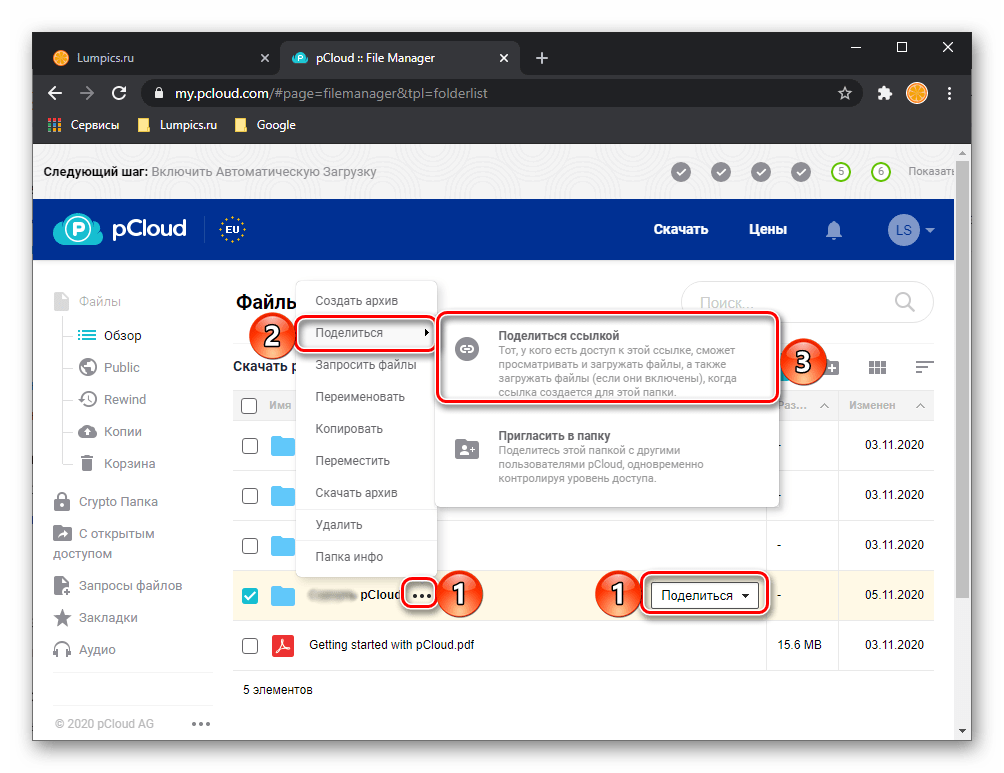 Поделиться ссылкой на файл или папку в веб-версии сервиса pCloud Drive