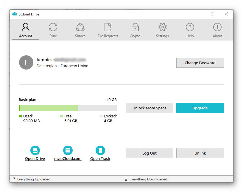 Главное окно программы pCloud Drive для ПК