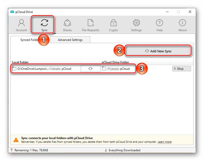 Синхронизация данных в программе pCloud Drive для ПК