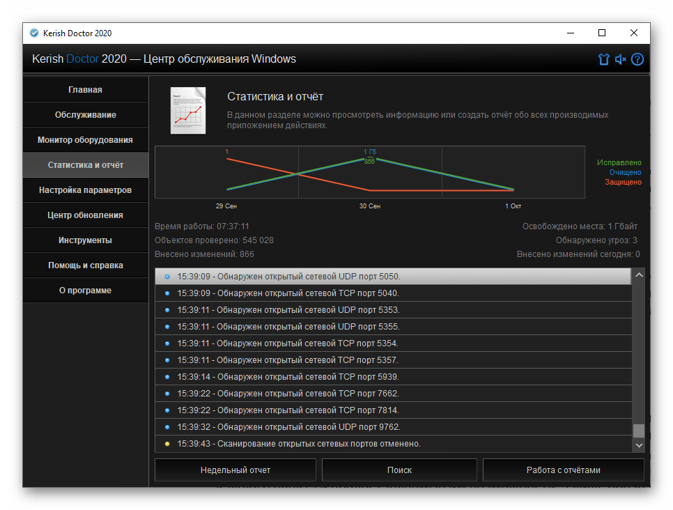 Статистика и отчет в программе Kerish Doctor 2020 для Windows