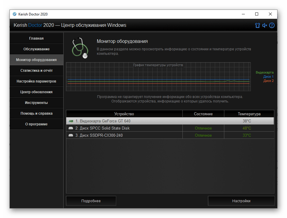 Монитор оборудования в программе Kerish Doctor 2020 для Windows