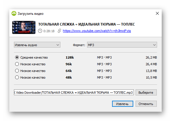 Параметры извлечения аудио из видео через вставку ссылки в 4K Video Downloader