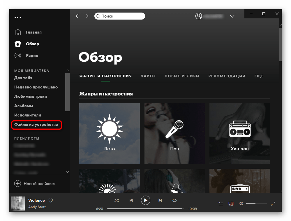 Раздел Файлы на устройстве в Spotify для компьютера