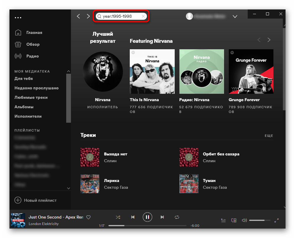 Поиск с использованием тега year в Spotify для компьютера