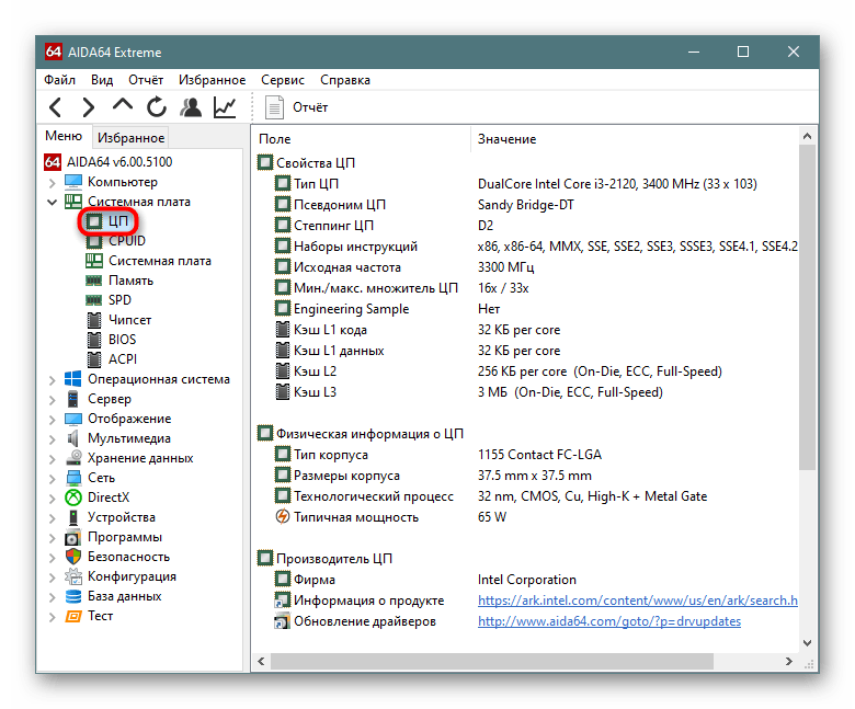 Подраздел ЦП в разделе Системная плата в AIDA64
