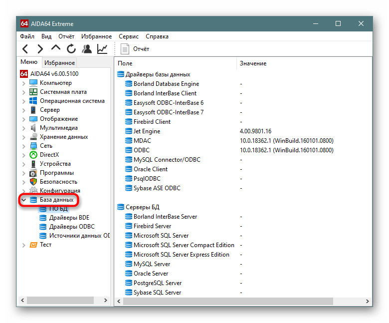 Раздел База данных в AIDA64