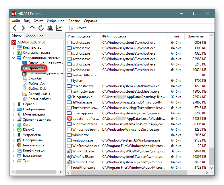 Подраздел Процессы в разделе Операционная система в AIDA64