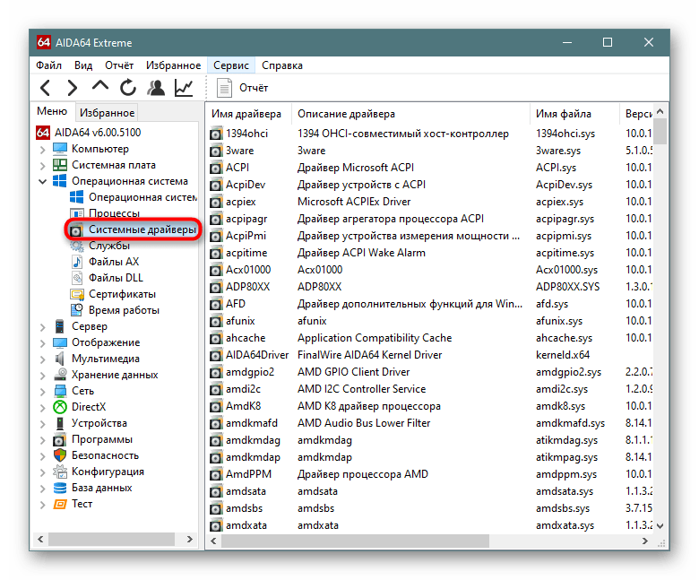 Подраздел Системные драйверы в разделе Операционная система в AIDA64