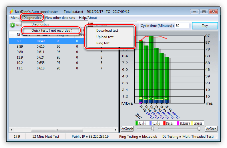 Быстрые замеры скорости интернета в программе JDAST