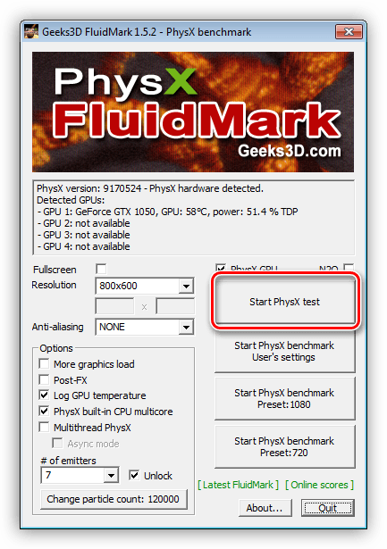 Стрессовое тестирование компьютера при просчете физики в программе PhysX FluidMark