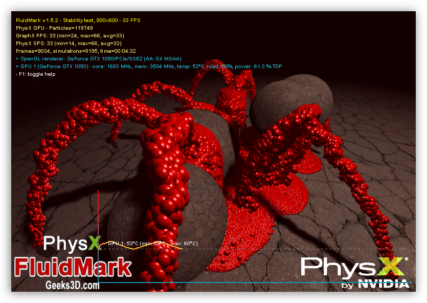 Экран стрессового тестирования системы при просчете физики в программе PhysX FluidMark