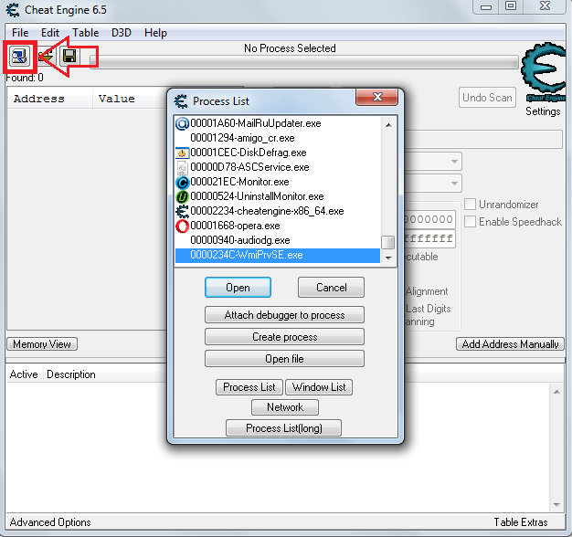 открытие процесса в Cheat Engine