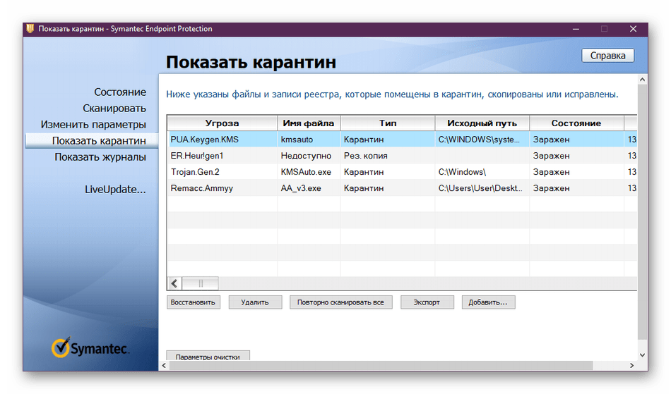 Просмотр угроз в карантине программой Symantec Endpoint Protection