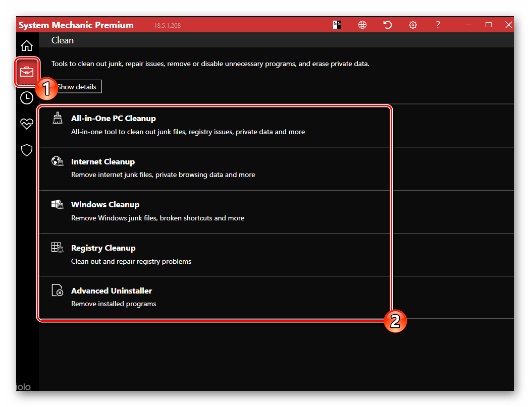Инструменты по очистке в программе System Mechanic