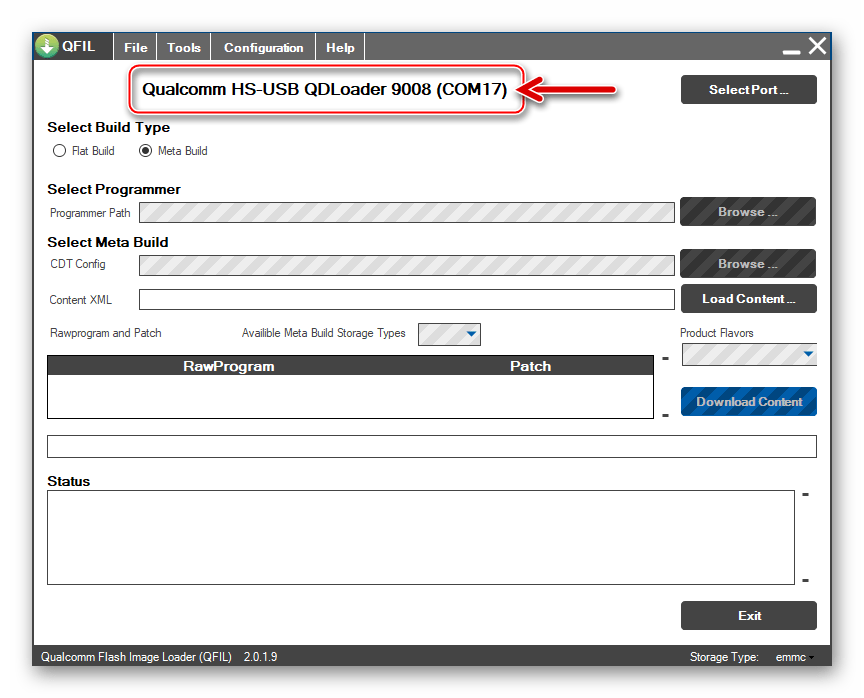 Qualcomm Flash Image Loader (QFIL) устройство подключено к программе (в режиме EDL)