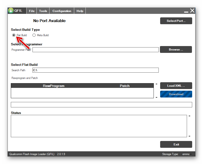 Qualcomm Flash Image Loader (QFIL) приложение в режиме Flat Build