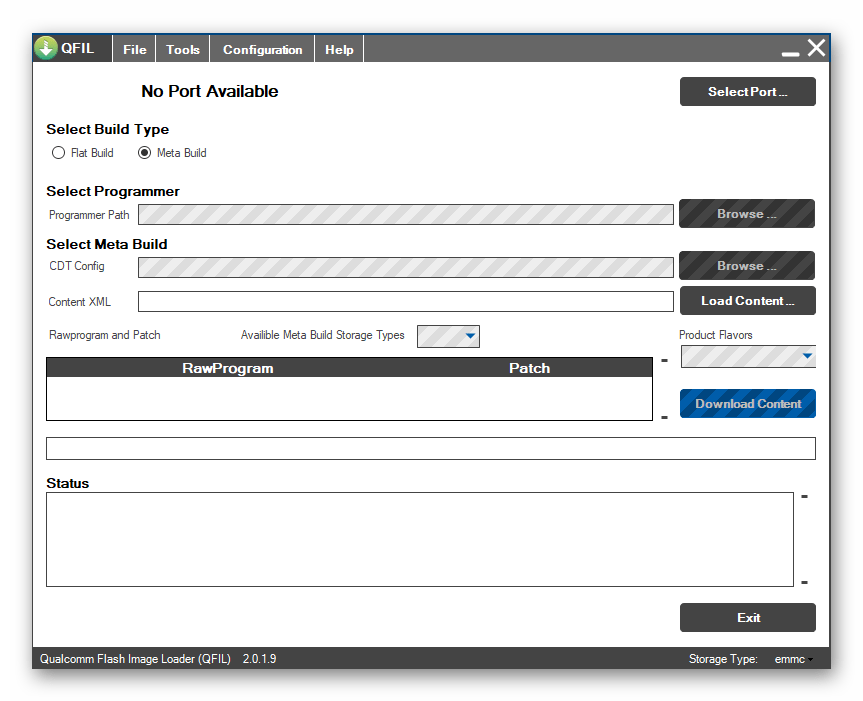Qualcomm Flash Image Loader (QFIL) Главное окно приложения после запуска