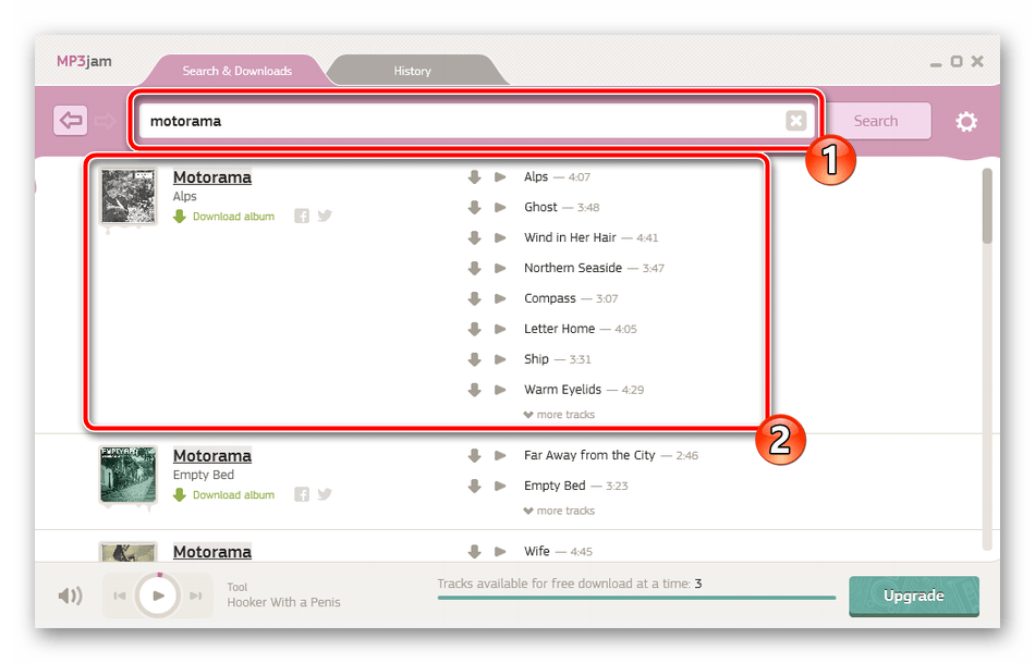 Поиск песен по исполнителям в программе MP3jam