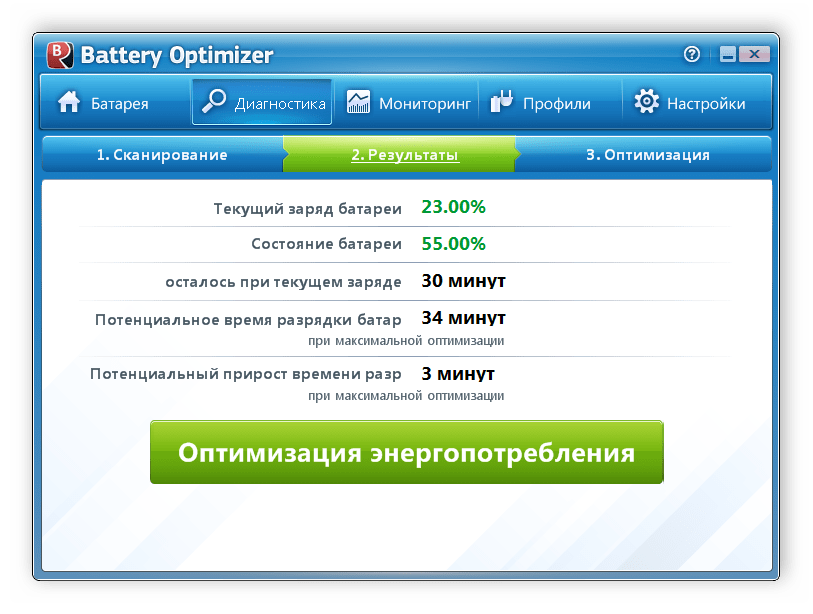 Результаты тестирования в программе Battery Optimizer