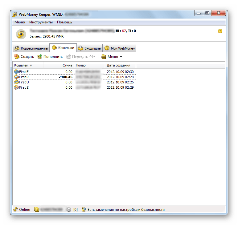 Список кошельков в окне программы WebMoney Keeper
