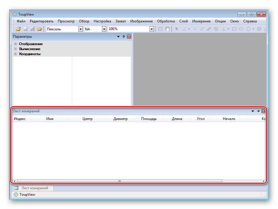 Лист измерений в программе ToupView