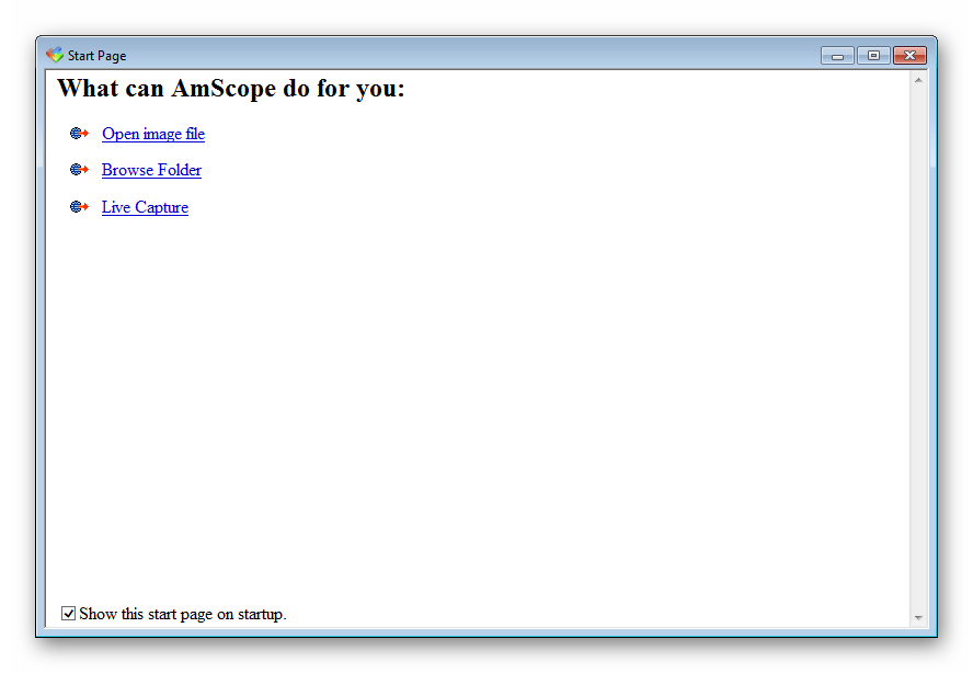Стартовая страница программы AmScope